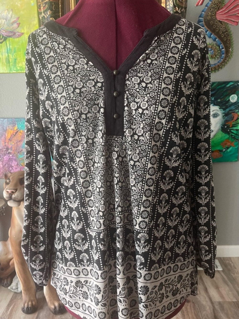 Style & Co. Black and White Floral Henley Tunic Top